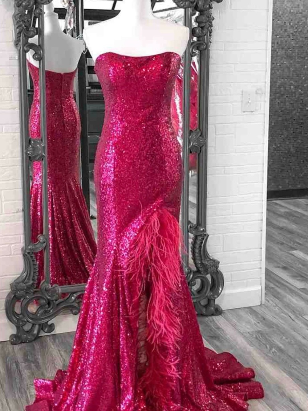 NWT Sherri Hill Strapless Hot Pink Sequin Gown with Feather side slit size 4